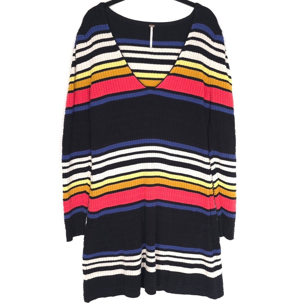 FREE PEOPLE Black Striped Long Sleeve Gidget Sweater Mini Dress Ribbed MEDIUM